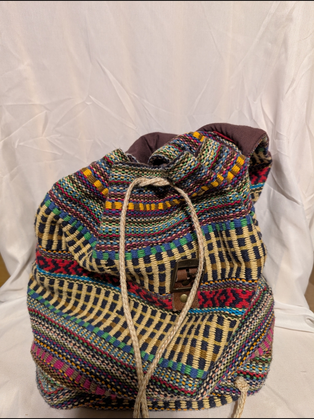 World Market Multicolor Woven Backpack with Brown Leather Buckle - Picture 4 of 10